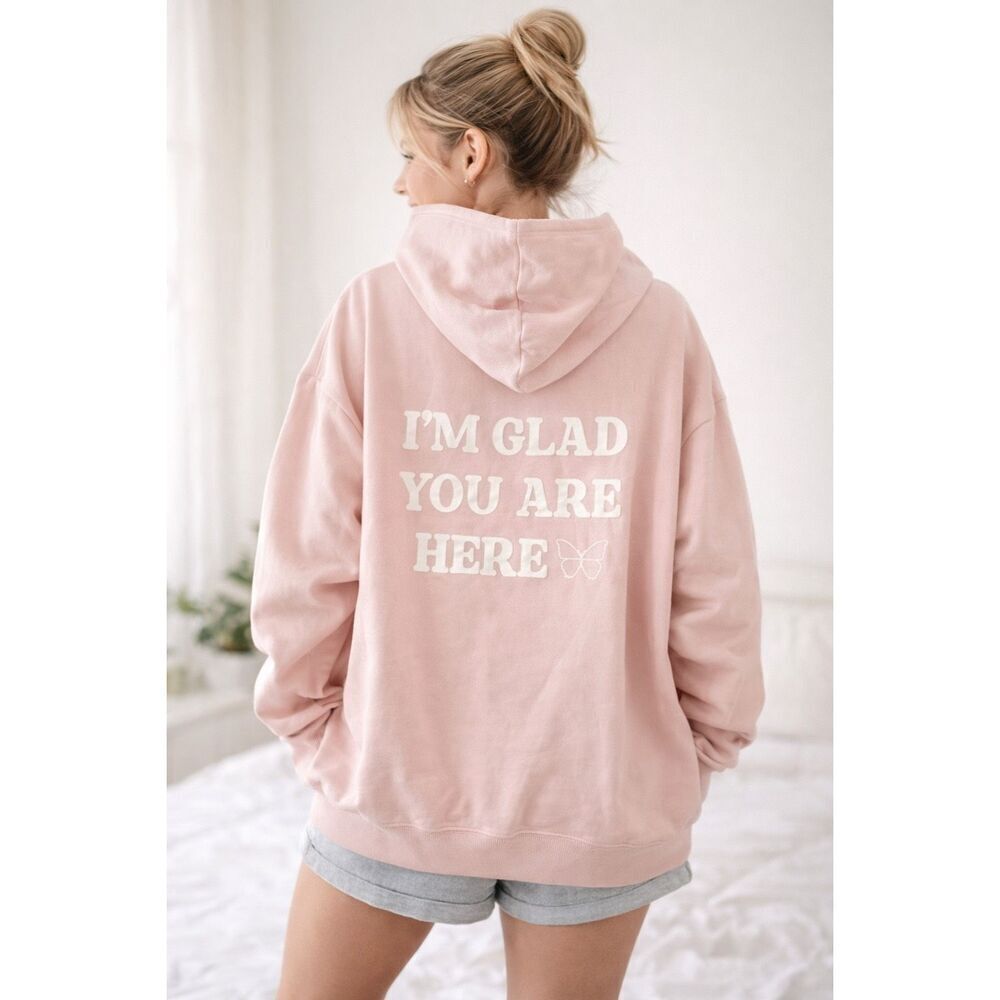 Ruby & Jewell Oversized Hoodie Pink I’m Glad You Are Here Butterfly Medium NWT